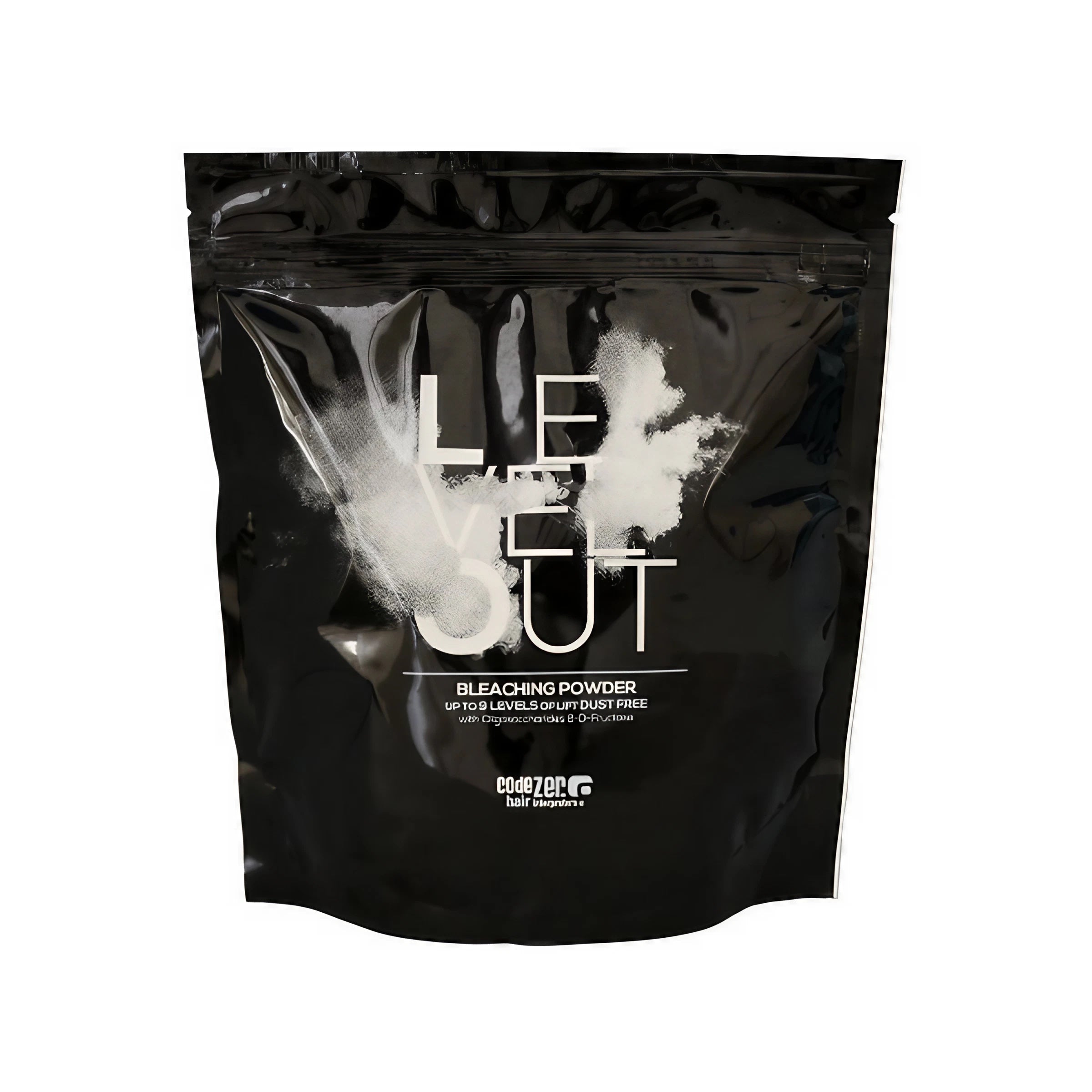 A black package of code zero  Level Out bleaching powder for hair with a transparent window showing the white powder inside.