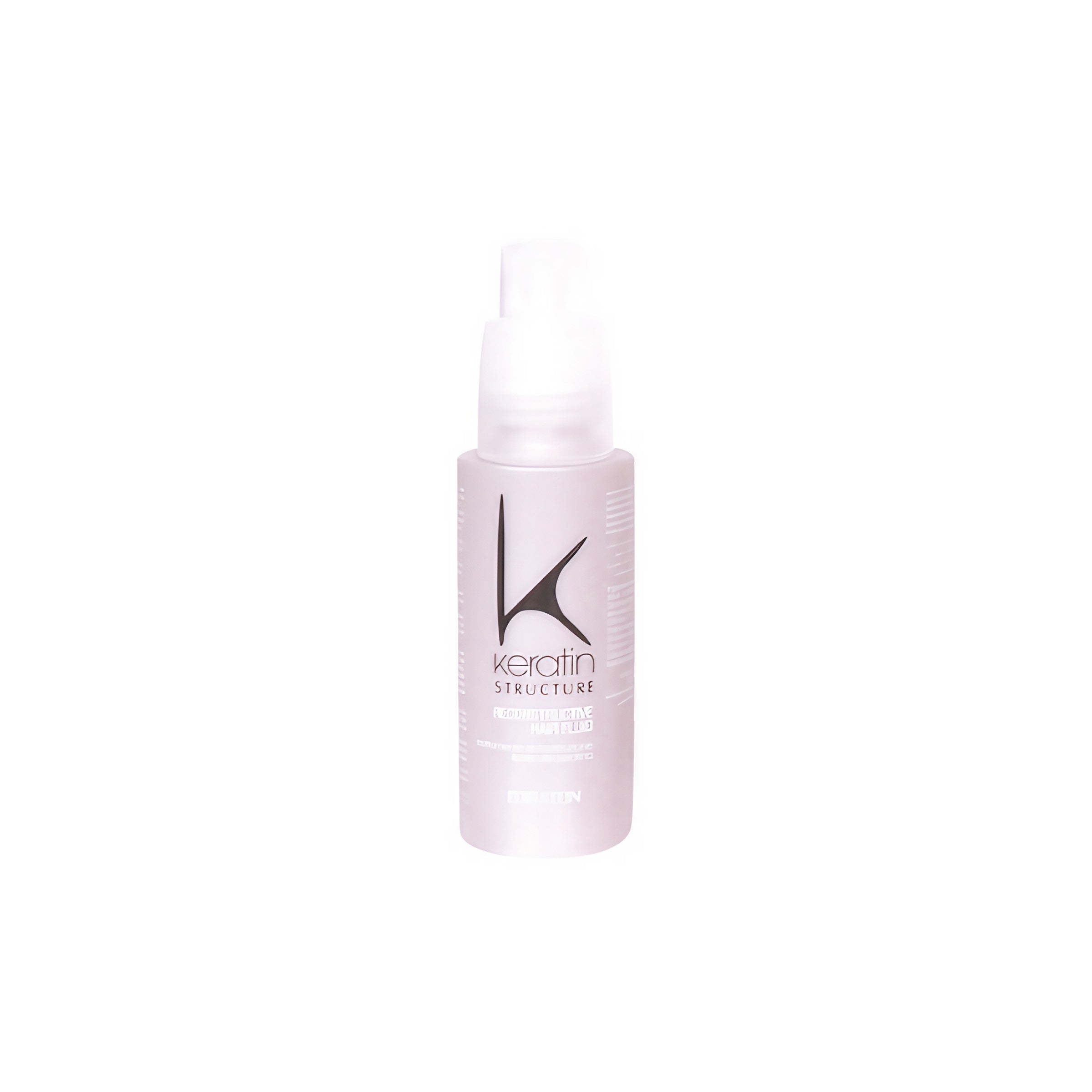 A bottle of Edelstein Keratin Reconstructive Hair Fluid with a white label and cap on a white background.