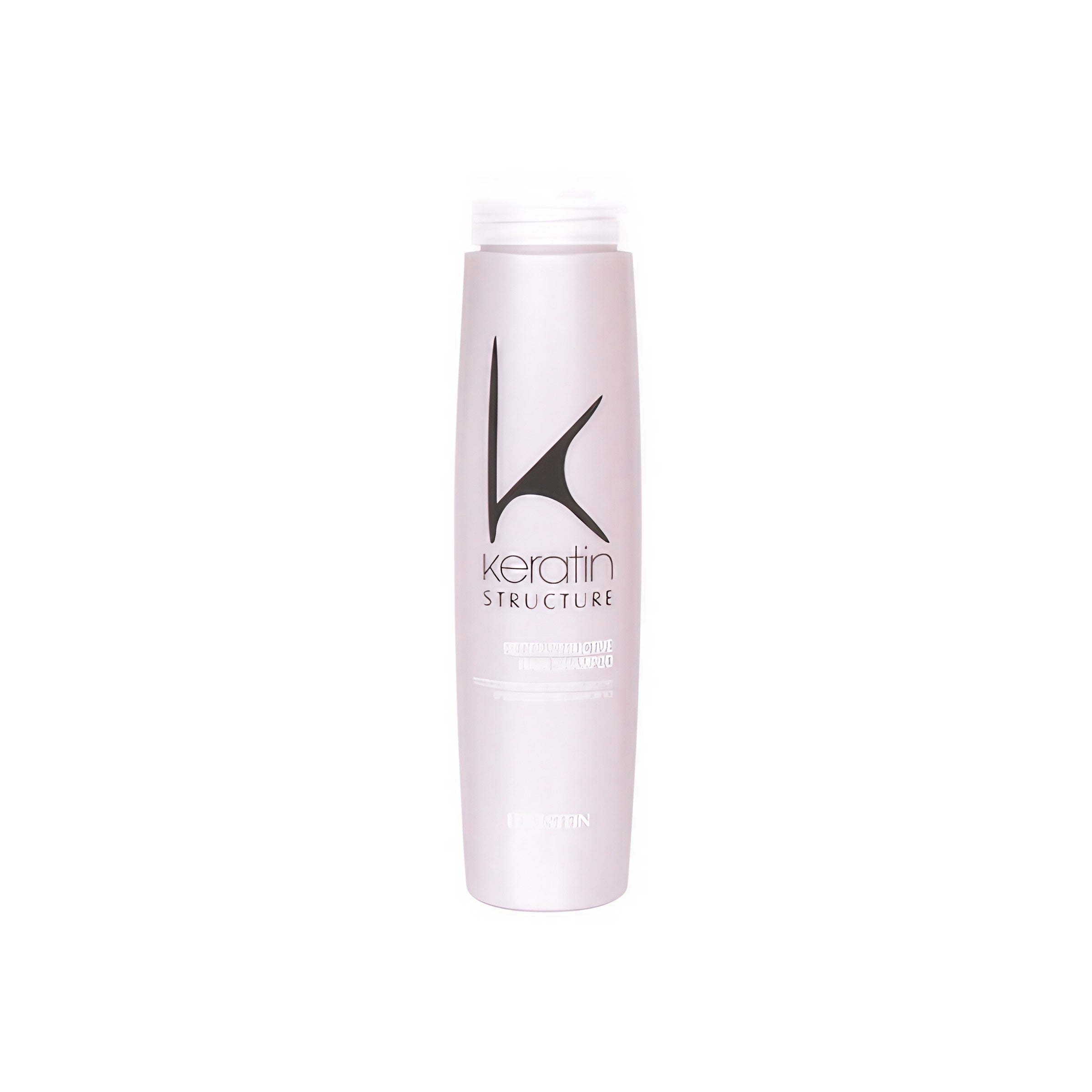 A bottle of Reconstructive Shampoo by Keratin Structure, primarily pink in color with black text and branding.
