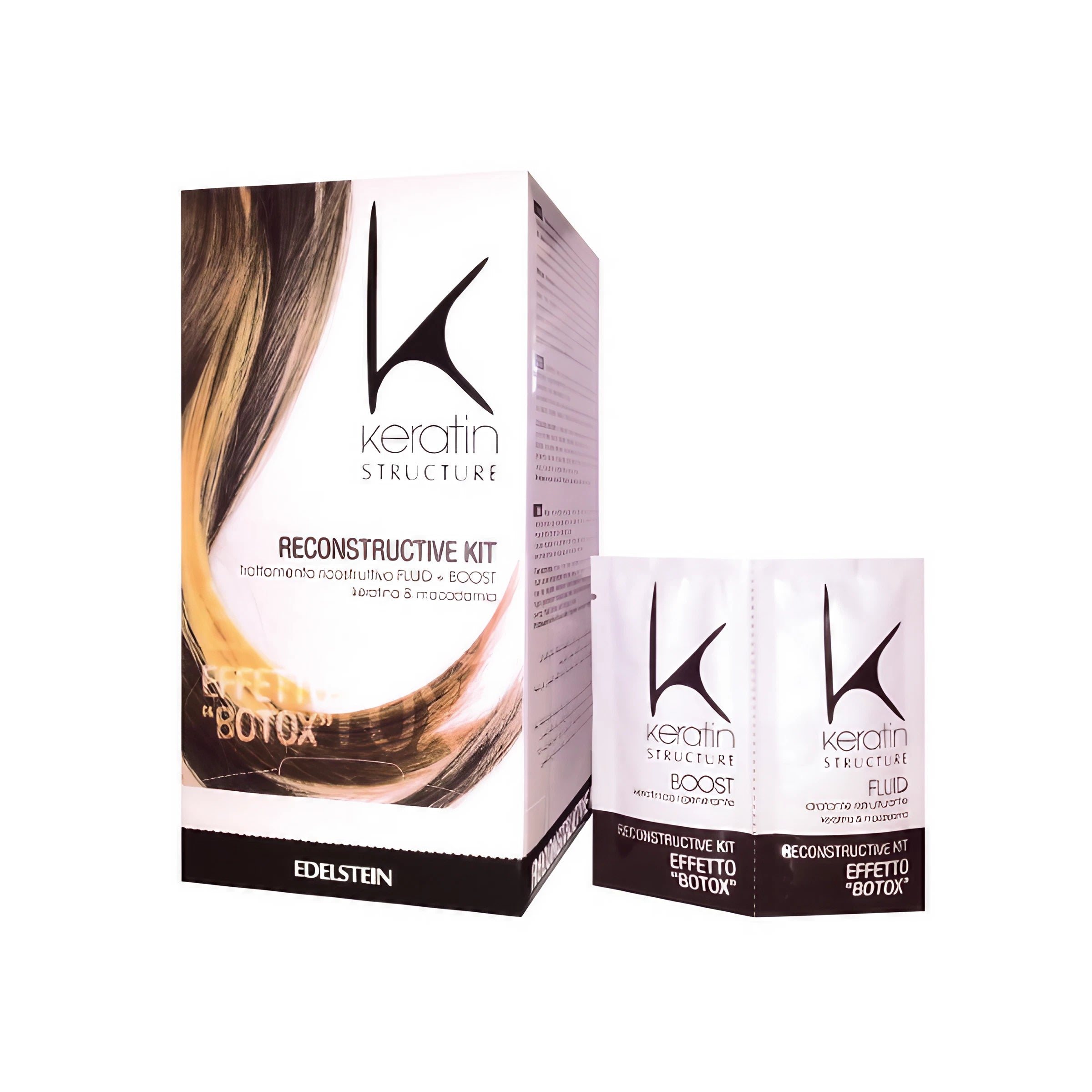 A box and two sachets of hair care product labeled 'Keratin Structure Reconstructive Kit', indicating it is a beauty treatment product.