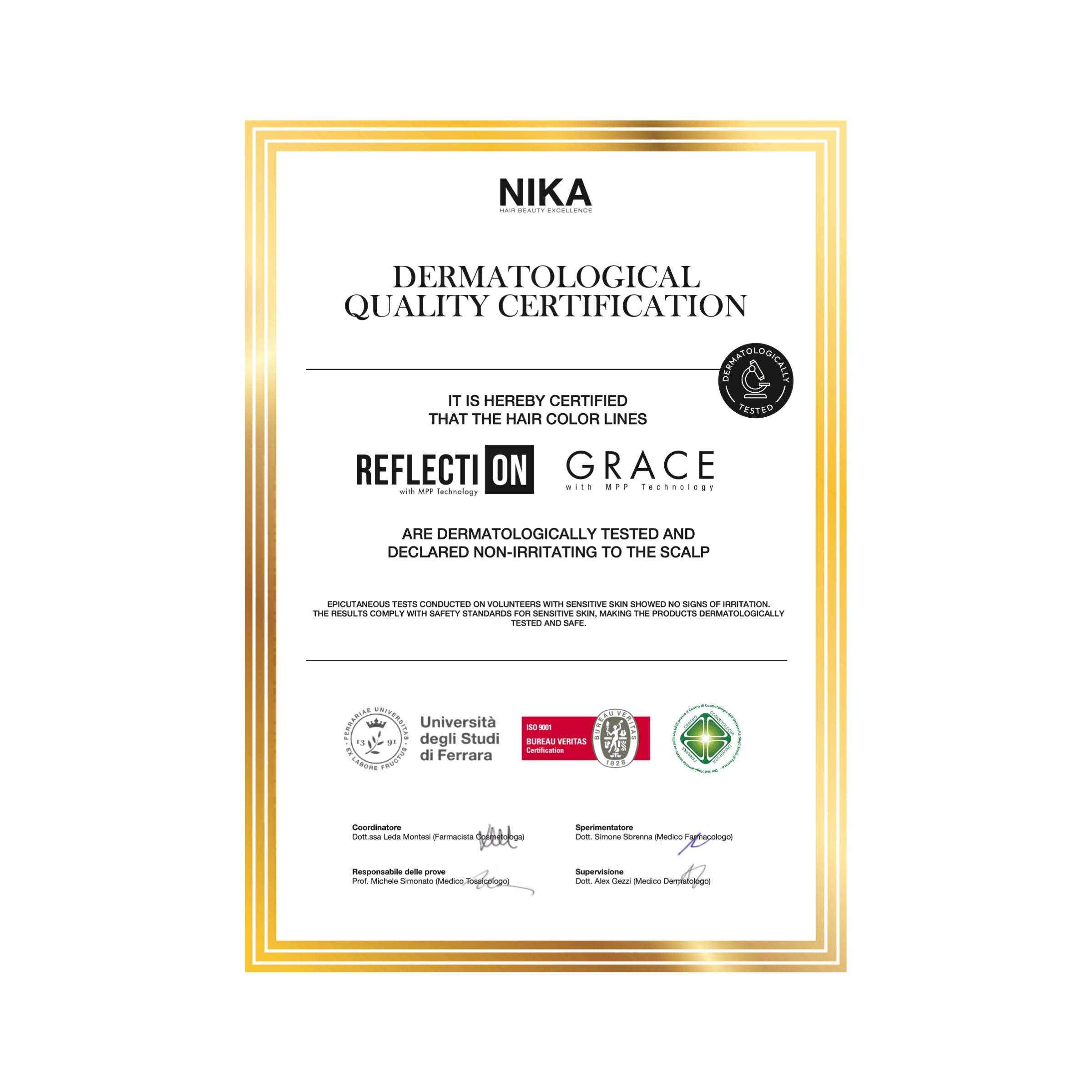 Nika Dermatological Quality Certification for Reflection and Grace hair color lines on a white background