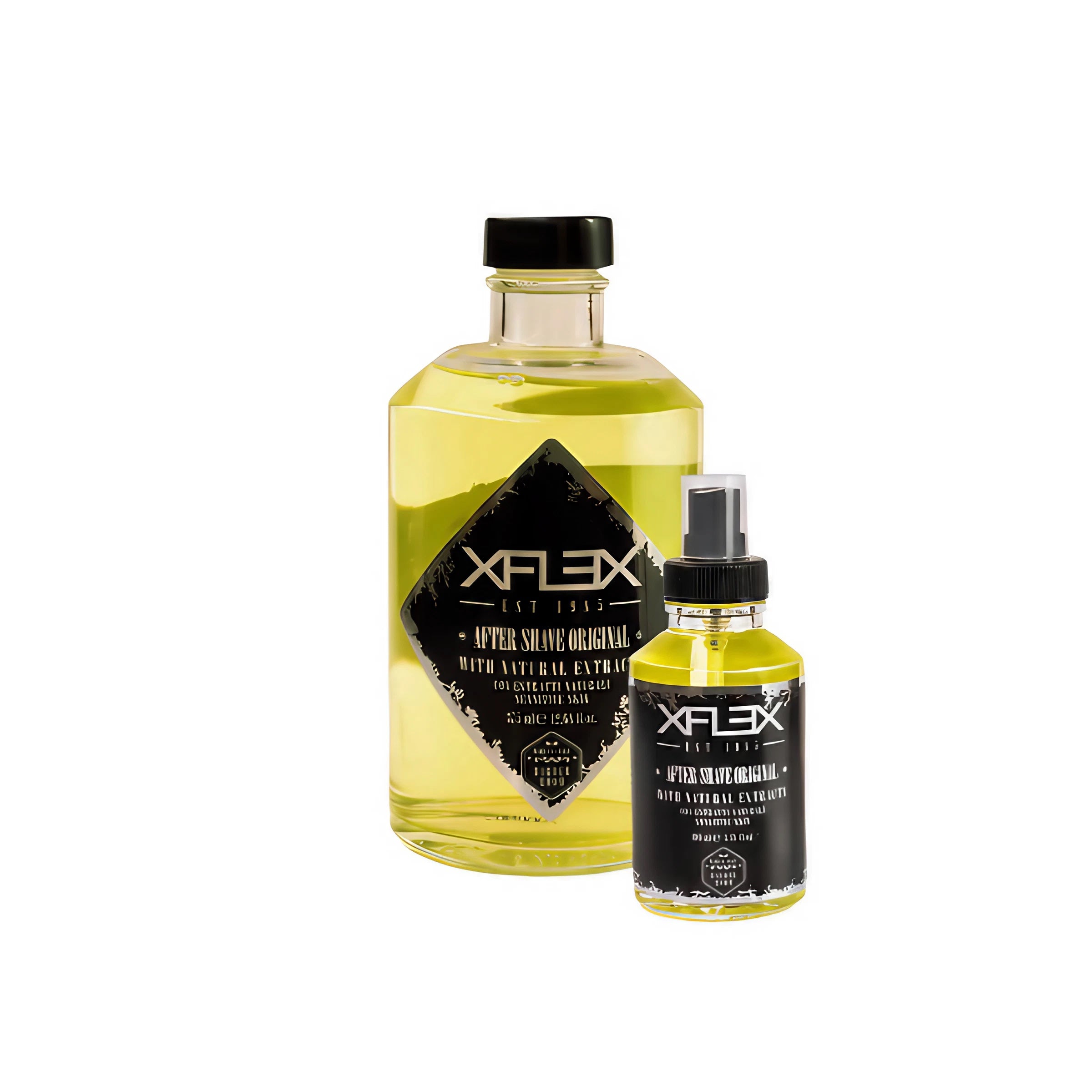 Two bottles of Xflex After Shave Original, one larger and one smaller, with yellow liquid inside and black labels.