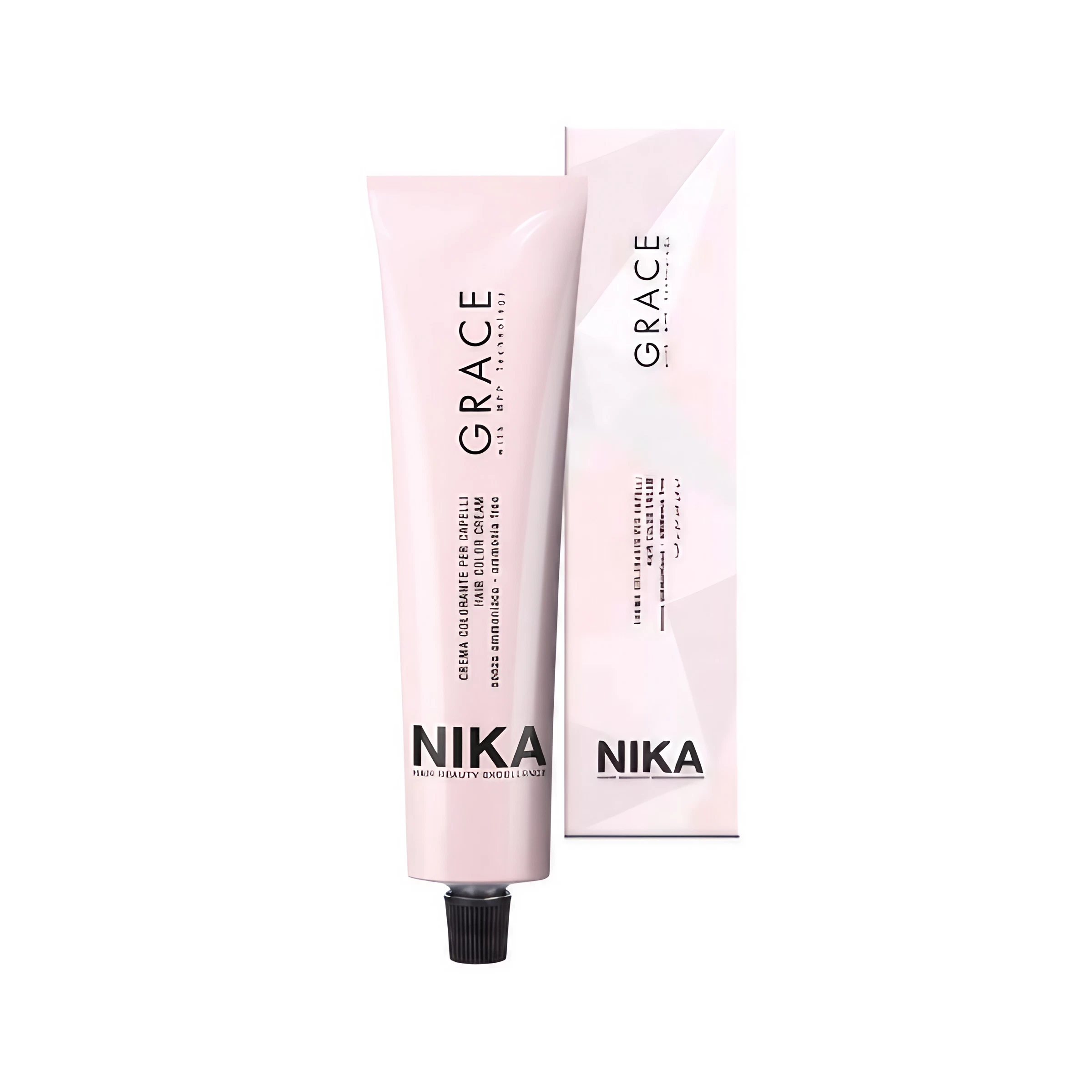 Two tubes of NIKA hair color product, one for lightening and one for darkening the hair, with the shade name Grace Color visible.