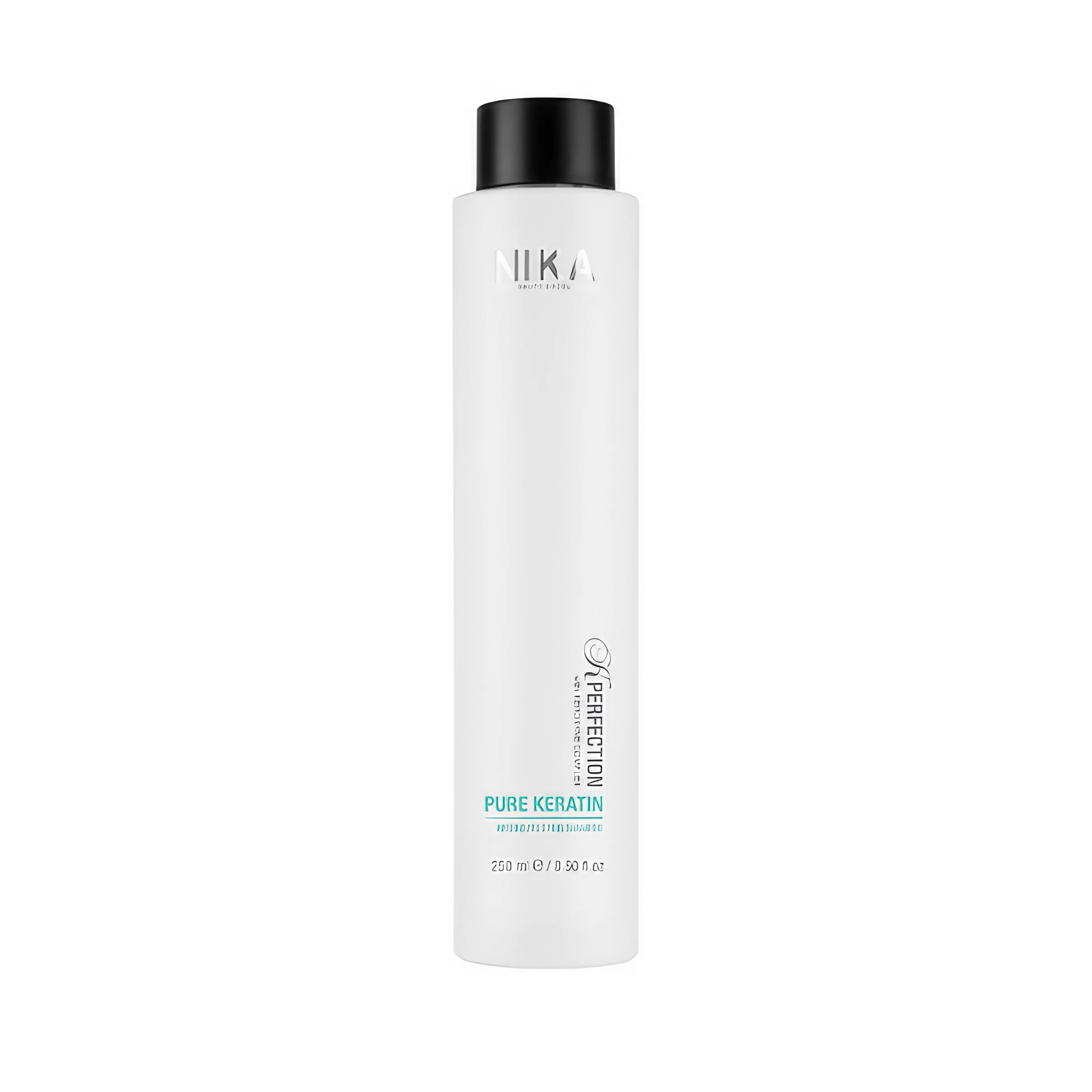 A tall white bottle of Pure Keratin Reconstructing Shampoo with blue and green label text, designed for hair care.