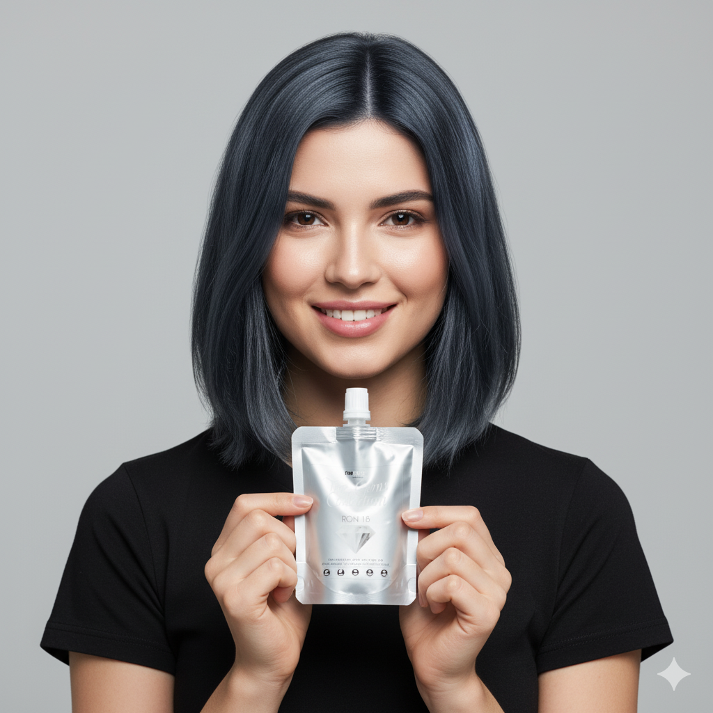Woman holding a code zero gem collection iron 18 silver hair color mask  pouch with a gray background
