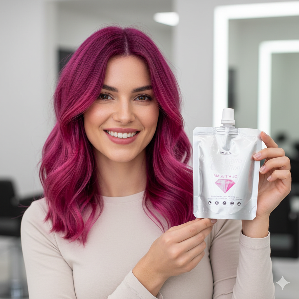 Woman with vibrant pink hair holding a hair color mask product package in a salon setting