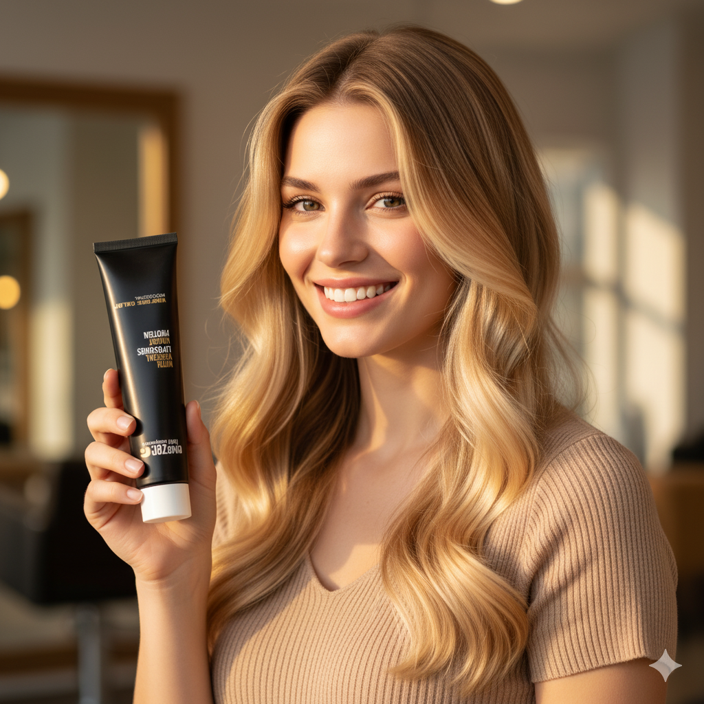 Woman holding a skincare product in a warm indoor setting