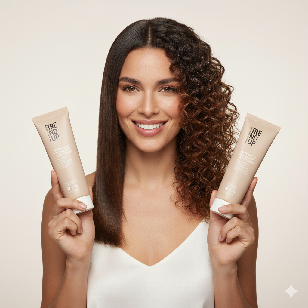 Woman holding two bottles of edelstein all brushing hair care product against a beige background