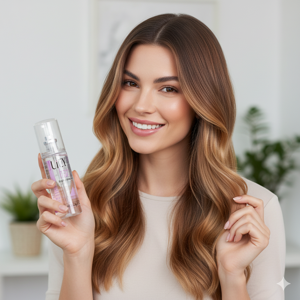 Woman with long, wavy hair holding a hair care product: the edelstein juicy in a bright indoor setting