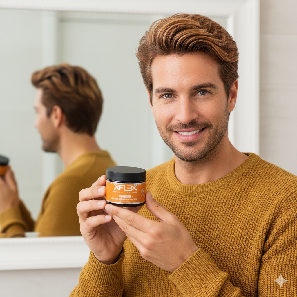 Man holding a hair wax of Xflex product in front of a mirror