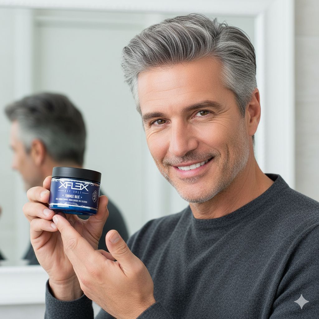 Man holding a container of edelstein Xflex hair wax product for grey hair in front of a mirror.