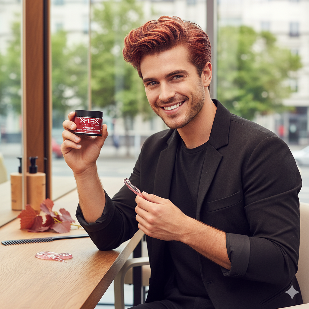 Man holding a container of XfleX hair product in a cafe setting
