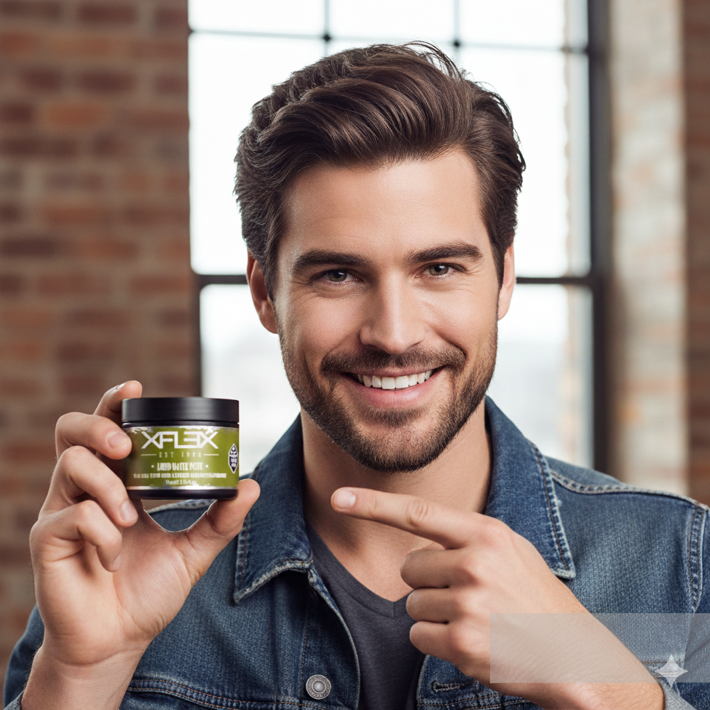 Man holding a jar of Xflex product and pointing at it, with a brick wall background