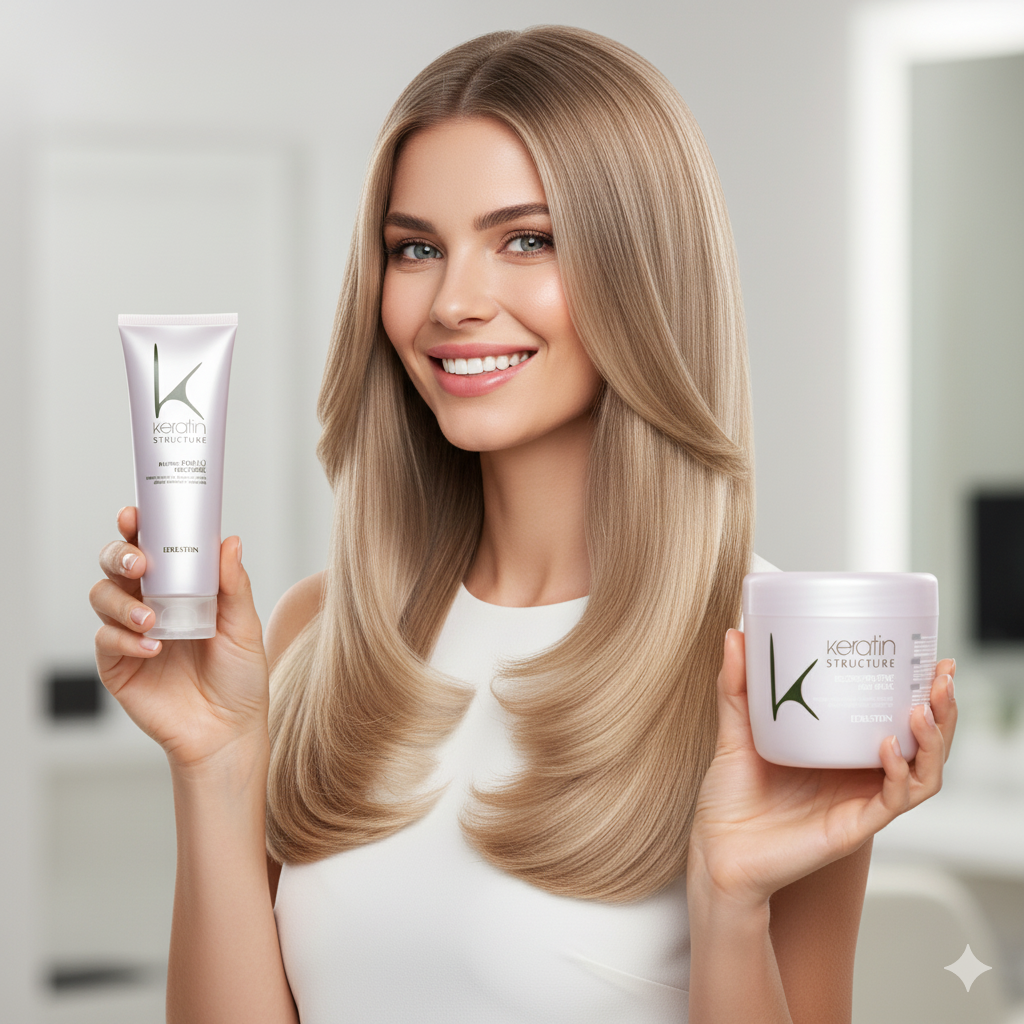 Woman holding Keratin products with a blurred background