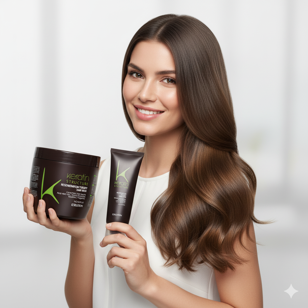 Woman holding Keratin Complex hair products with a white background