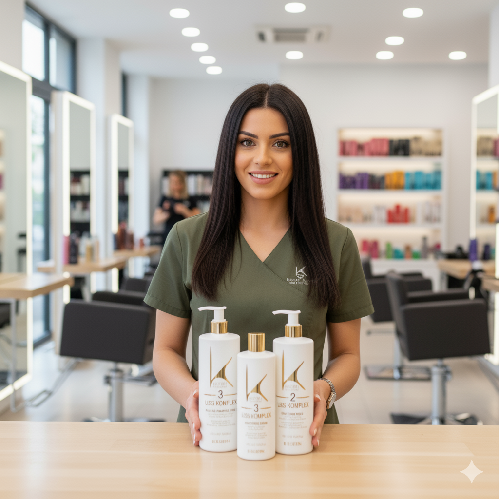 Woman in a salon holding hair care products with a blurred salon background