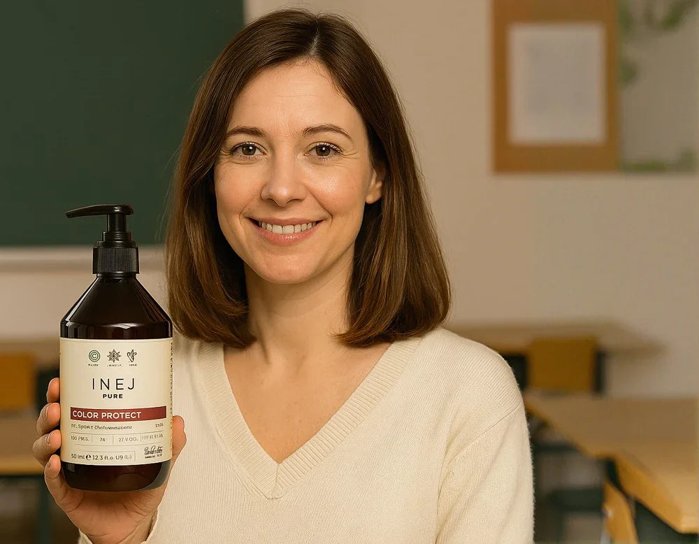 Frau hält INEJ Pure Color Protect Shampoo in einem Klassenzimmer hoch