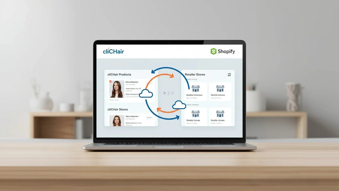 Laptop mit geöffneter Shopify-Oberfläche und cliCHair-Produktsynchronisierung, Cloud-Icons, Schreibtisch