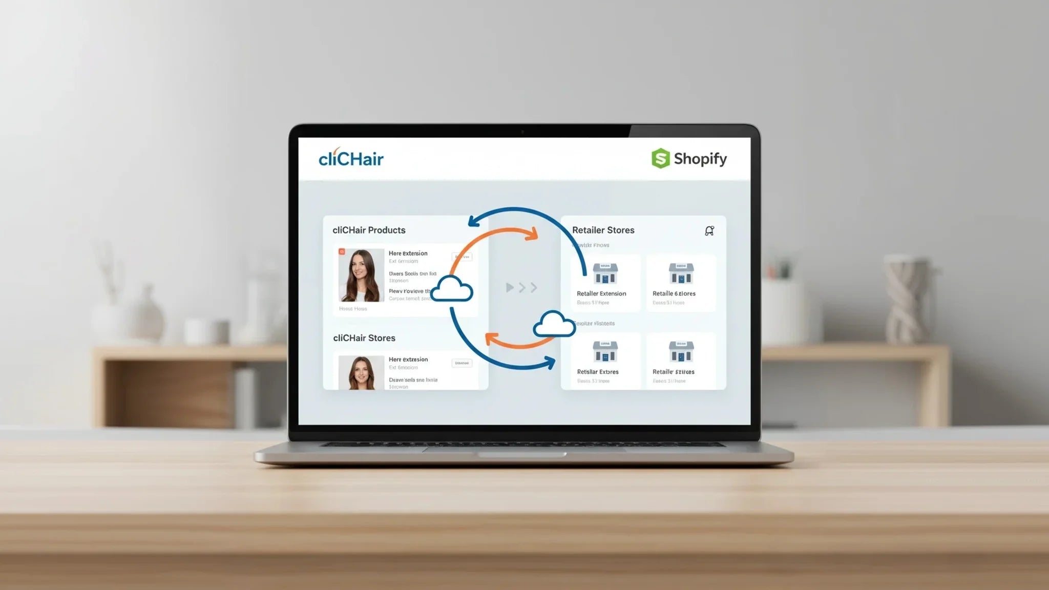 Laptop mit geöffneter Shopify-Oberfläche und cliCHair-Produktsynchronisierung, Cloud-Icons, Schreibtisch