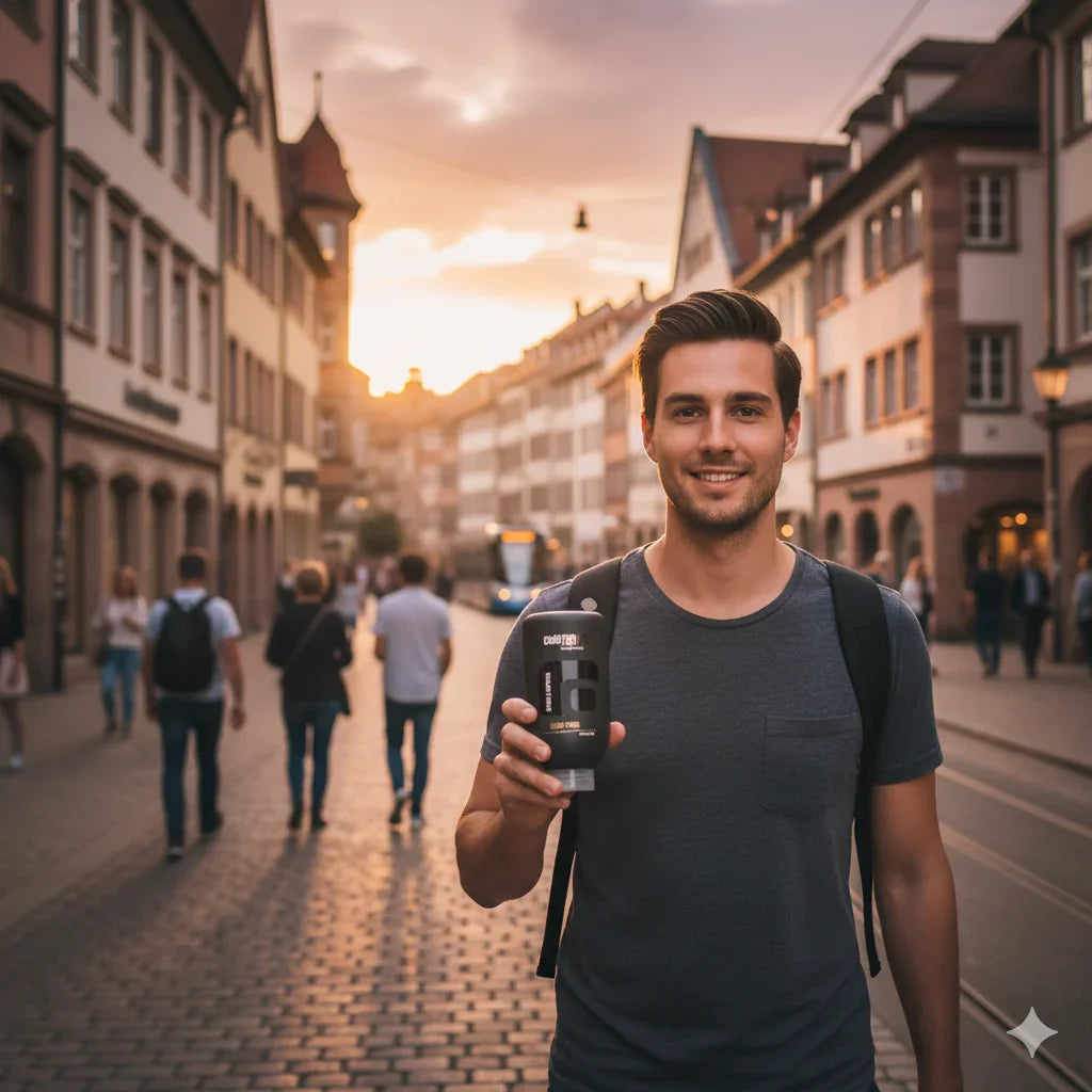 Junger Mann mit Rucksack hält Kaffee im Becher auf Kopfsteinpflasterstraße bei Sonnenuntergang