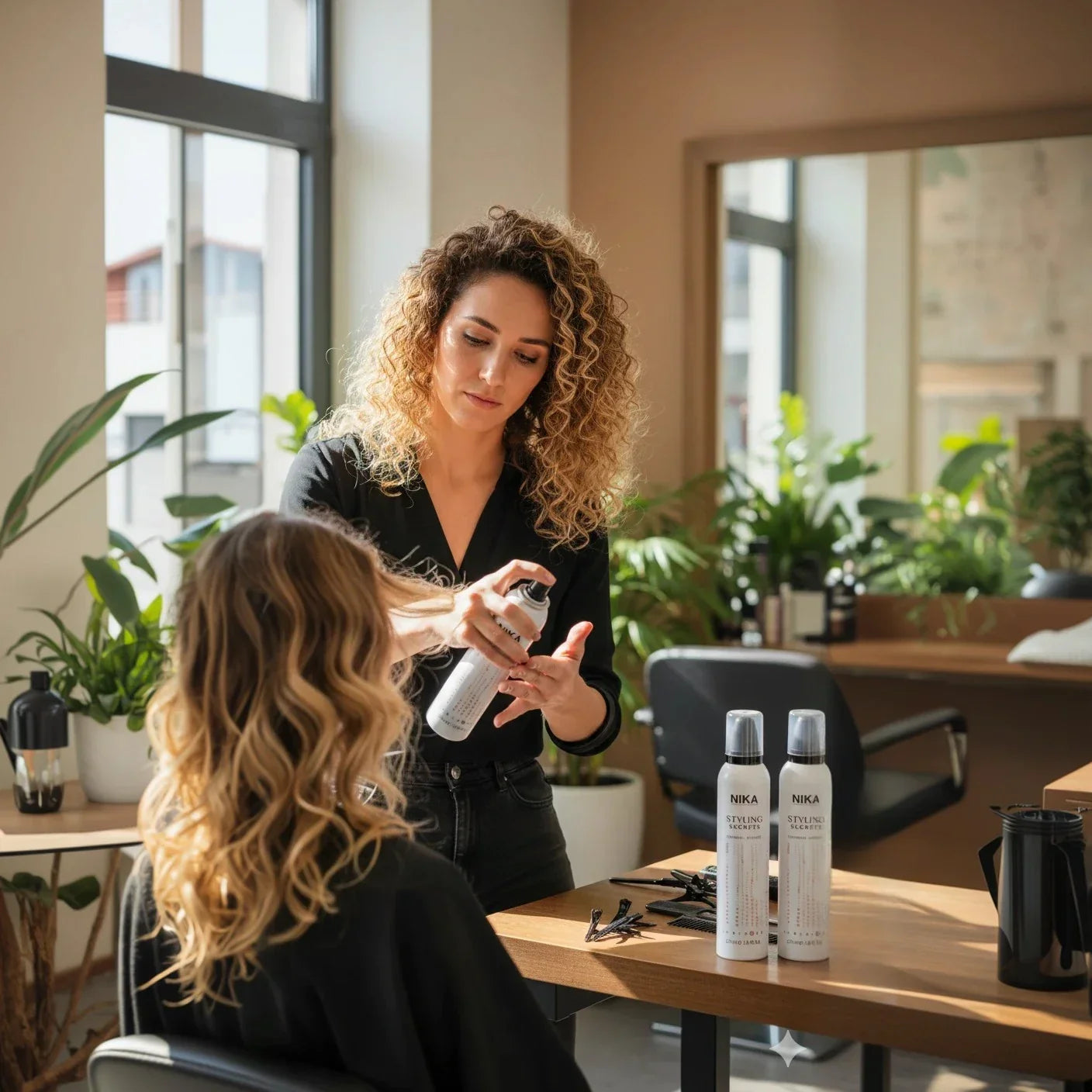 Friseurin stylt blonde Frau mit Lockenspray im modernen, sonnigen Friseursalon, Haarpflege