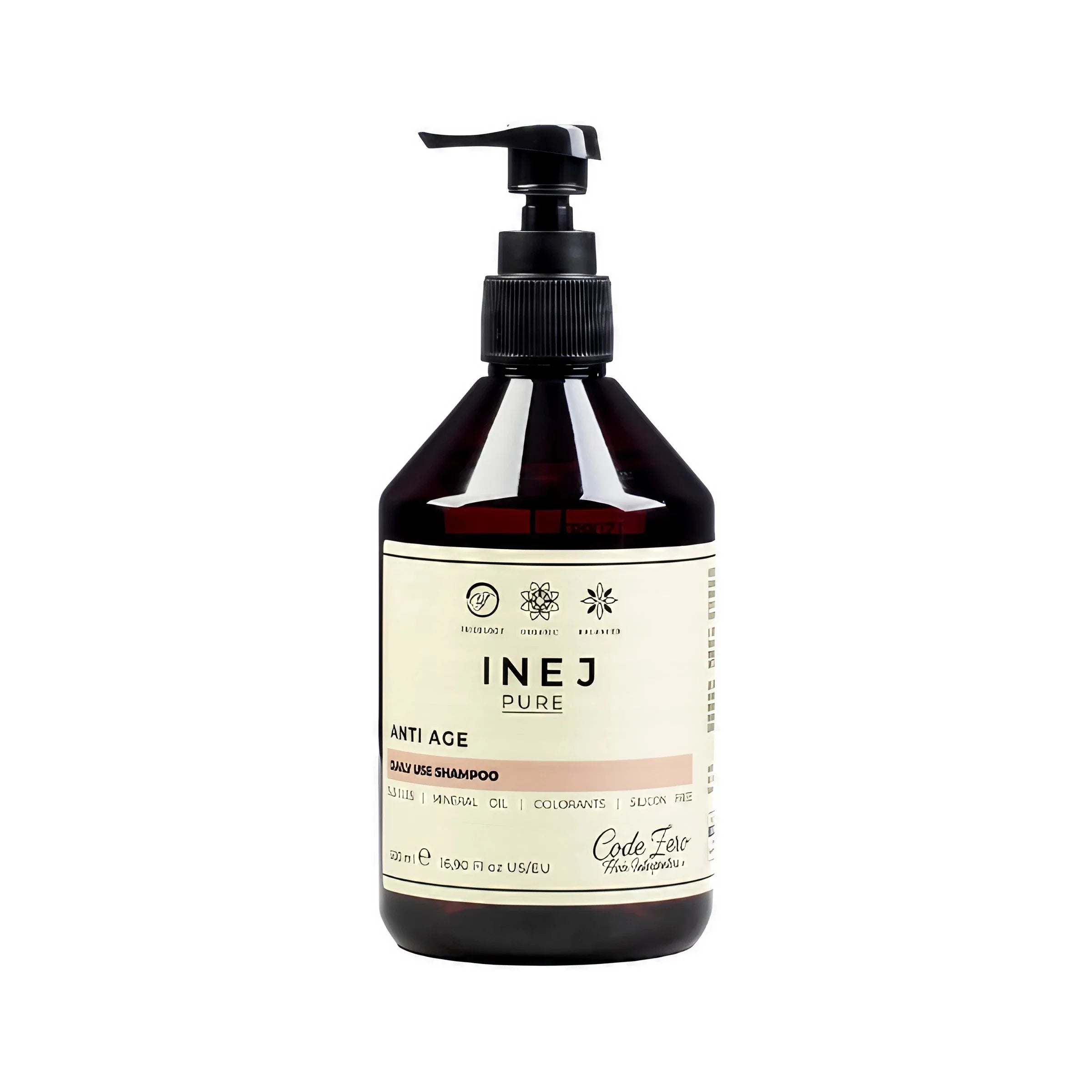 INEJ Pure Anti Age Shampoo Flasche, 500ml, mit Pumpspender und beigem Etikett auf weißem Hintergrund
