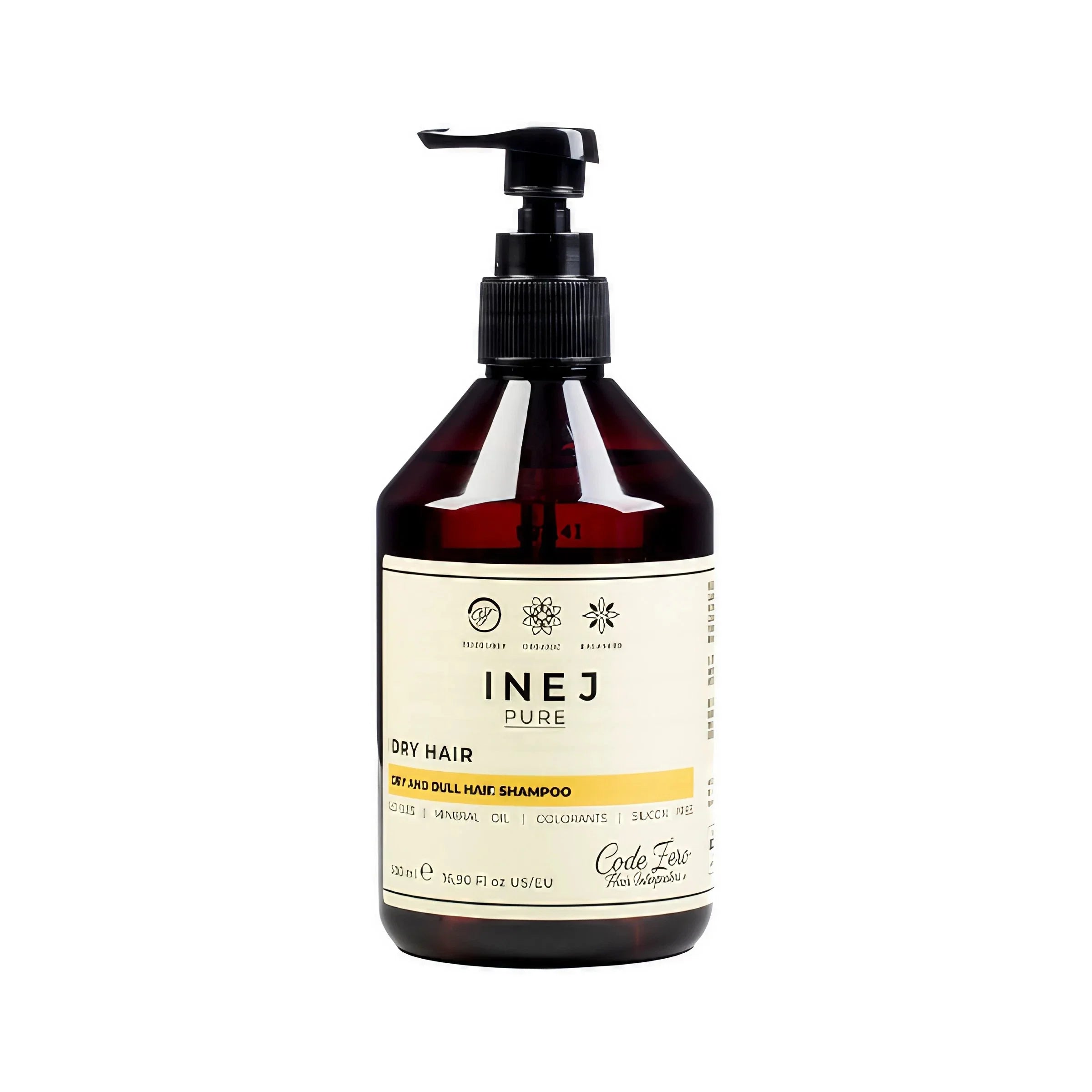 INEJ Pure Shampoo für trockenes Haar, braune Pumpflasche auf weißem Hintergrund