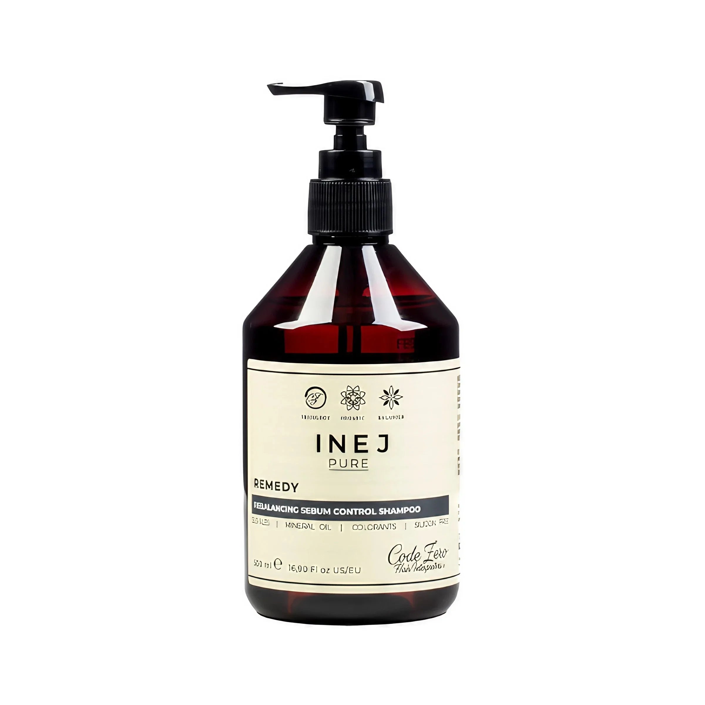 INEJ Pure Remedy Shampoo Flasche mit Pumpspender, Balance Sebum Control, 500ml auf weißem Hintergrund