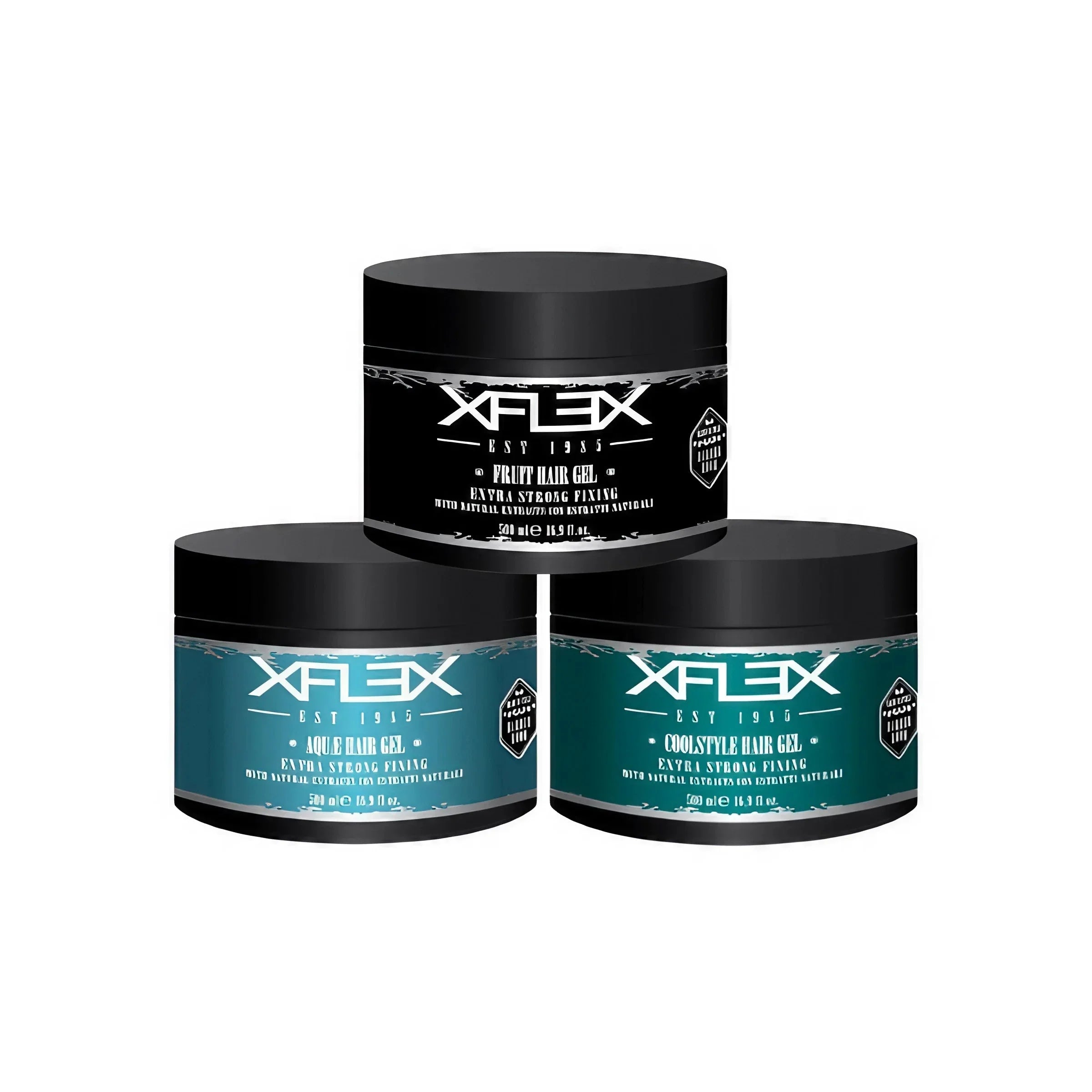 XFLEX Haarstyling Gel Set, drei Dosen, schwarzes und blaues Design, weißer Hintergrund