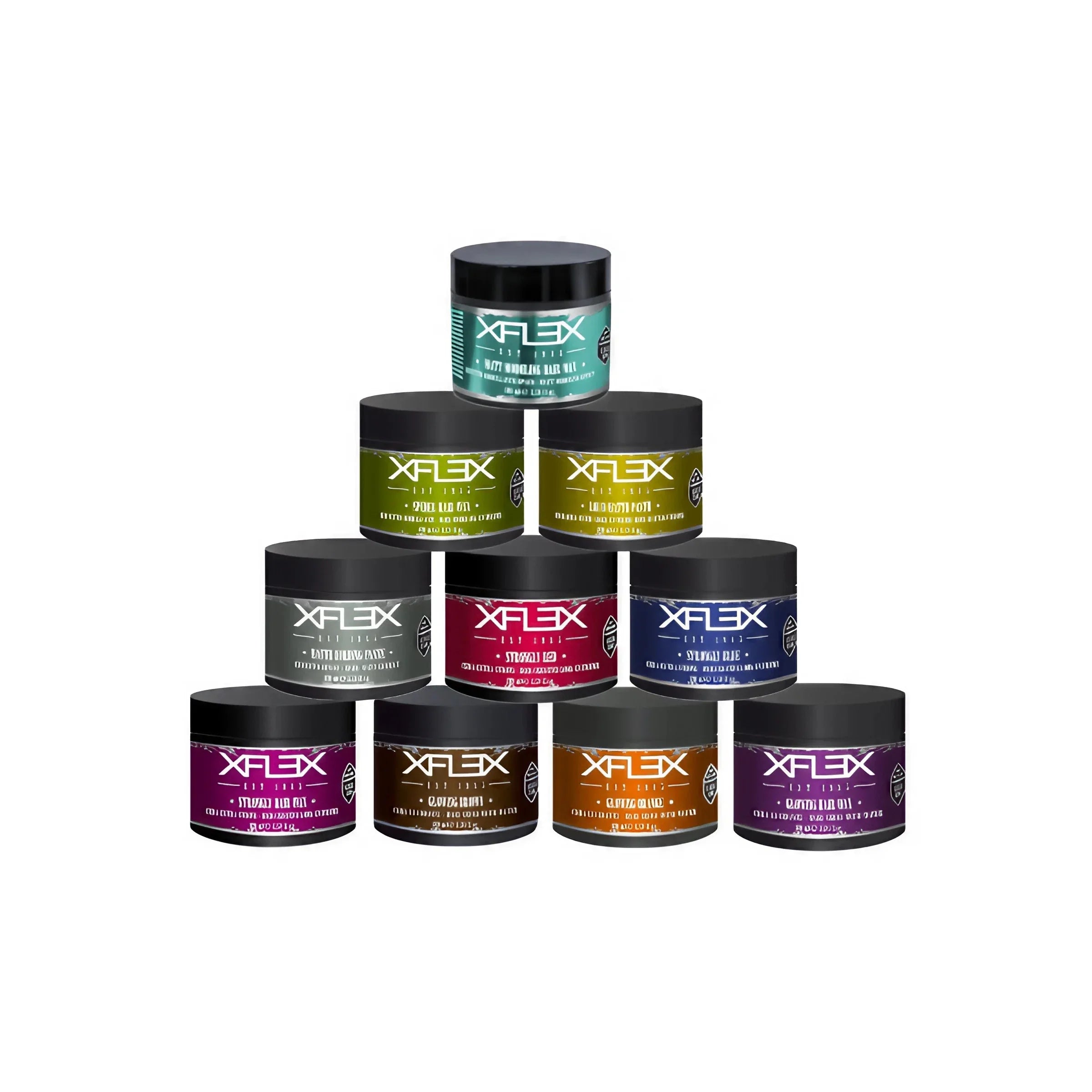 XFLEX Haarstyling Matt Paste und verschiedene Haarwachs Dosen, gestapelt vor weißem Hintergrund