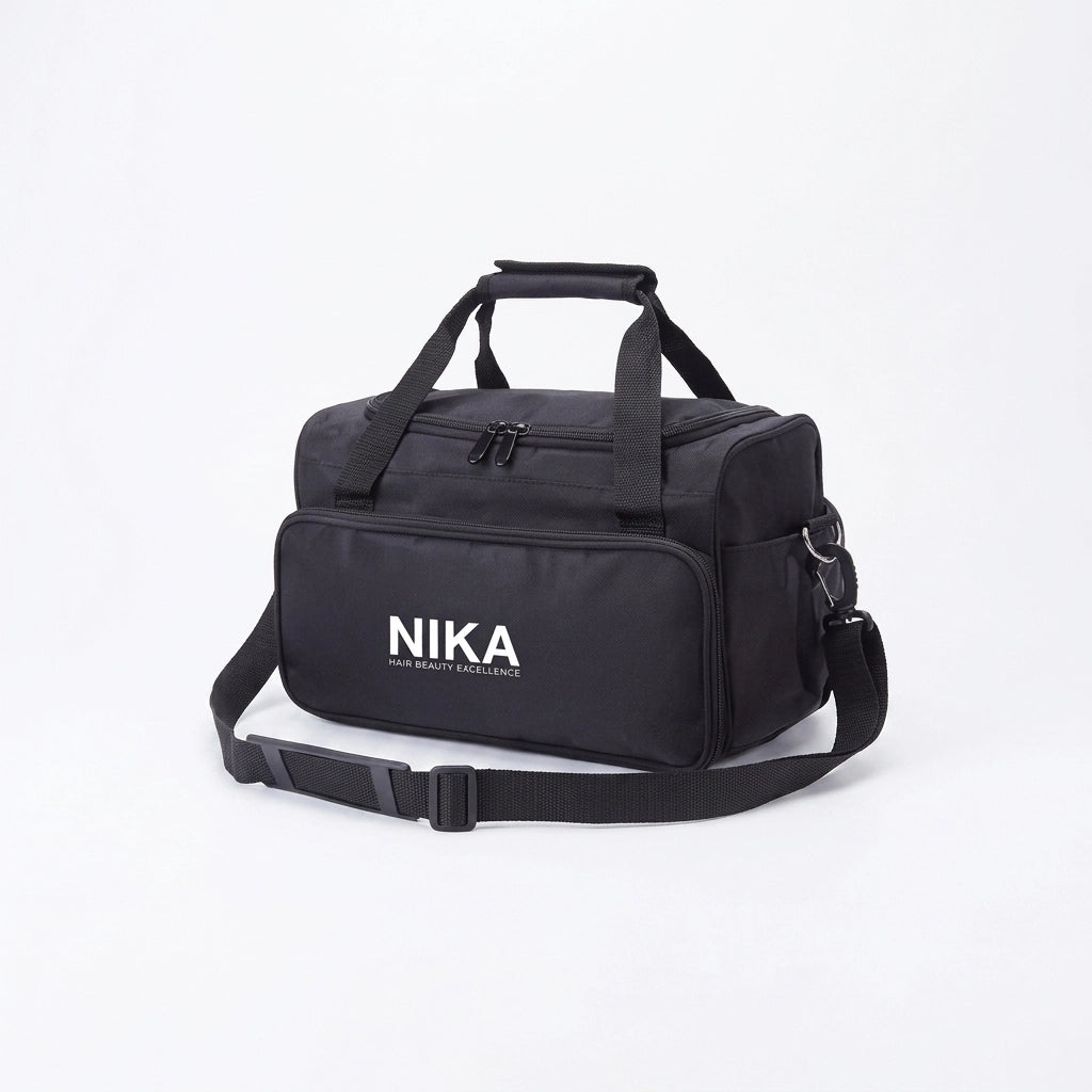 Nika Bag For Trainer, black professional work bag with zipped front pocket, twin handles and adjustable shoulder strap