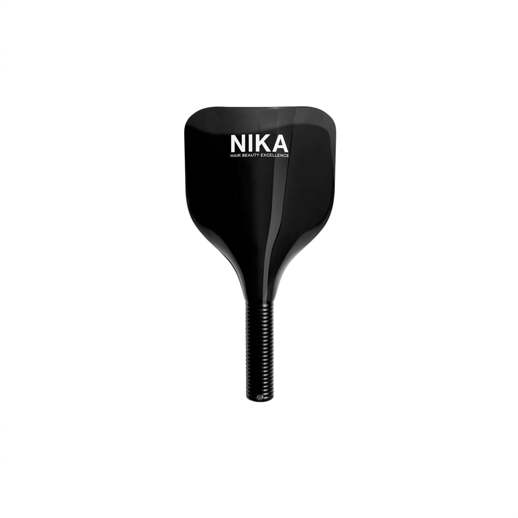 Nika Protective Mask, glossy black hand held salon face shield with ribbed grip handle