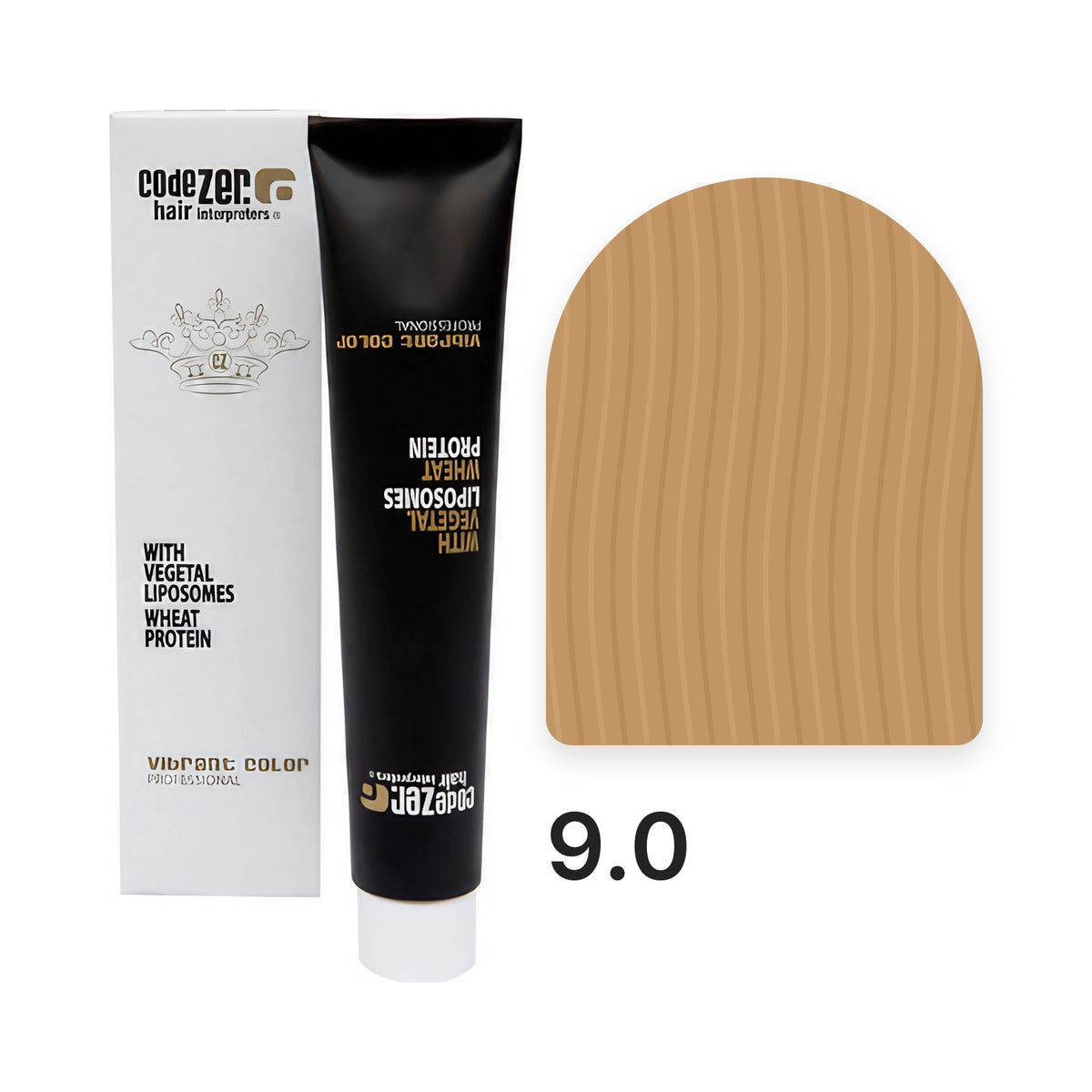 Vibrant Color 9.0 Very Light Blond : tube et étui avec la couleur du nuancier officiel, couleur indicative