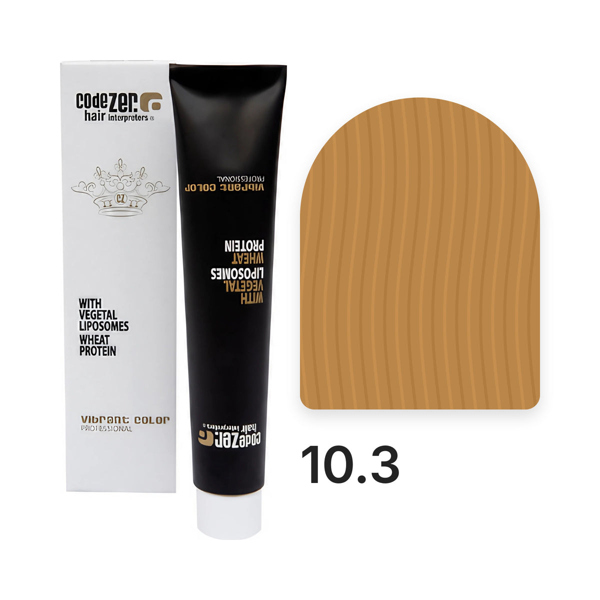 Vibrant Color 10.3 Ultra Light Golden Blond: Tube und Verpackung mit der Haarfarbe aus der offiziellen Farbkarte, Farbe als Richtwert