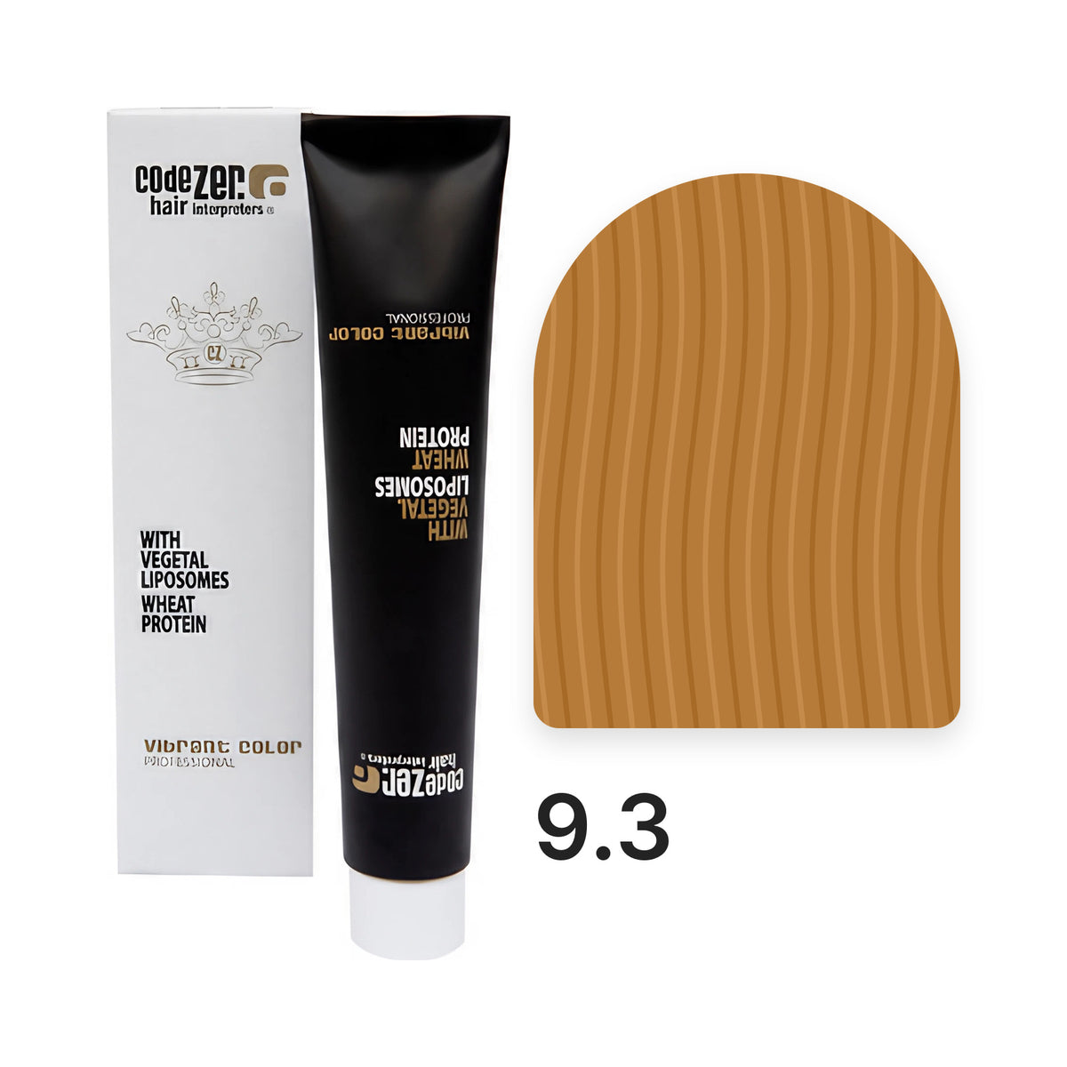 Vibrant Color 9.3 Very Light Golden Blond : tube et étui avec la couleur du nuancier officiel, couleur indicative