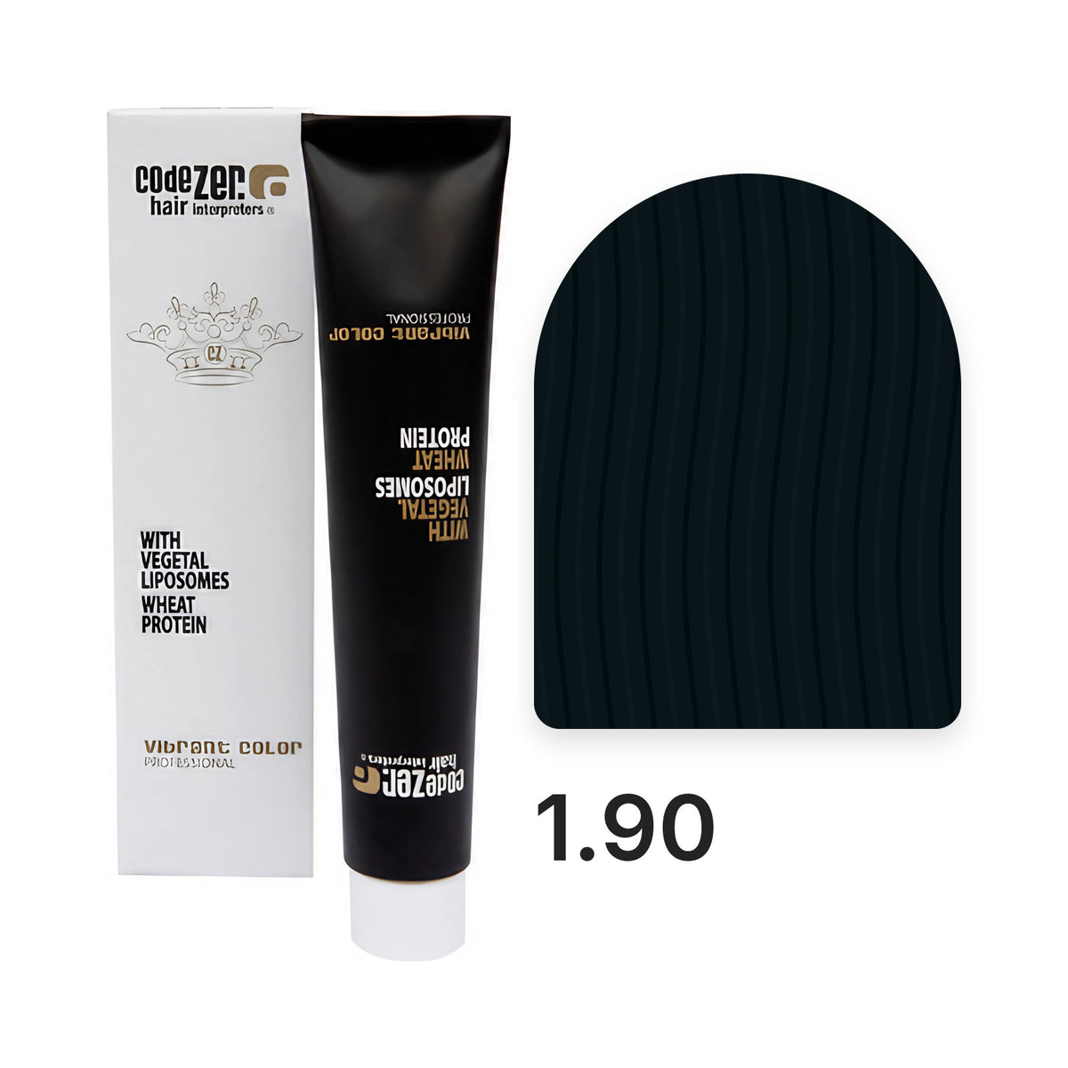 Vibrant Color 1.90 Blue Black: Tube und Verpackung mit der Haarfarbe aus der offiziellen Farbkarte, Farbe als Richtwert