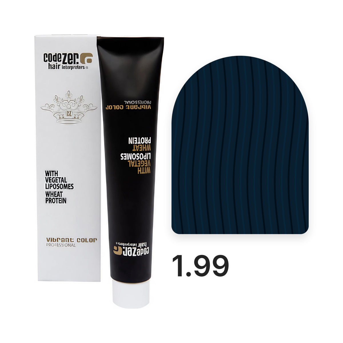 Vibrant Color 1.99 Cobalt Black: Tube und Verpackung mit der Haarfarbe aus der offiziellen Farbkarte, Farbe als Richtwert