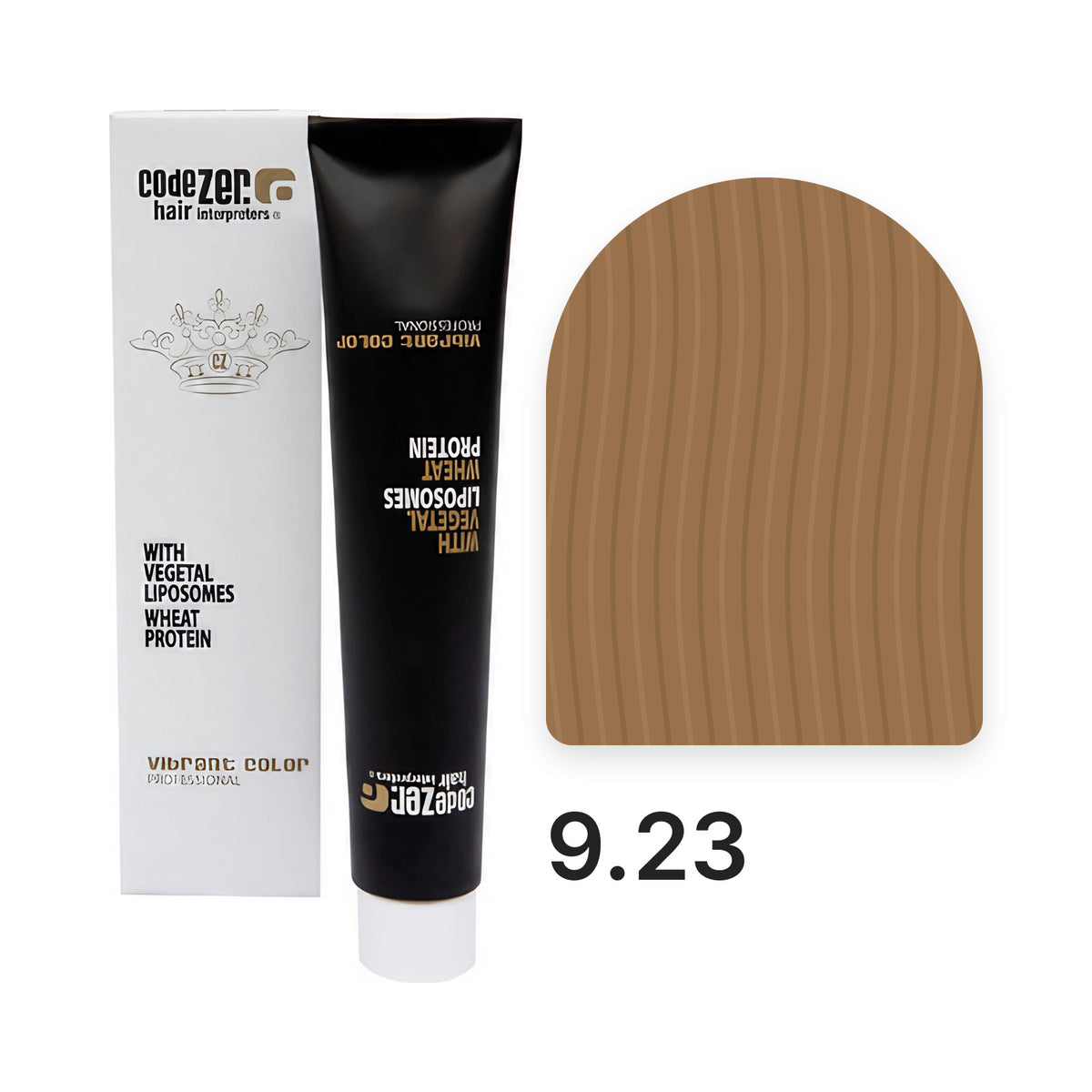 Vibrant Color 9.23 Very Light Violet Golden Blond : tube et étui avec la couleur du nuancier officiel, couleur indicative