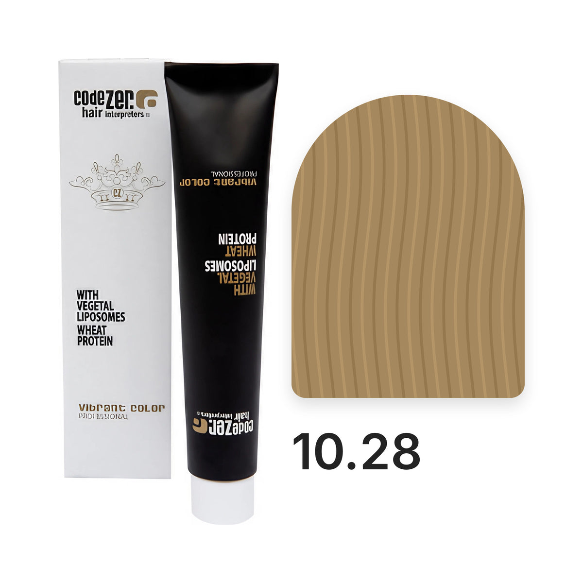 Vibrant Color 10.28 Precious Platinum: Tube und Verpackung mit der Haarfarbe aus der offiziellen Farbkarte, Farbe als Richtwert