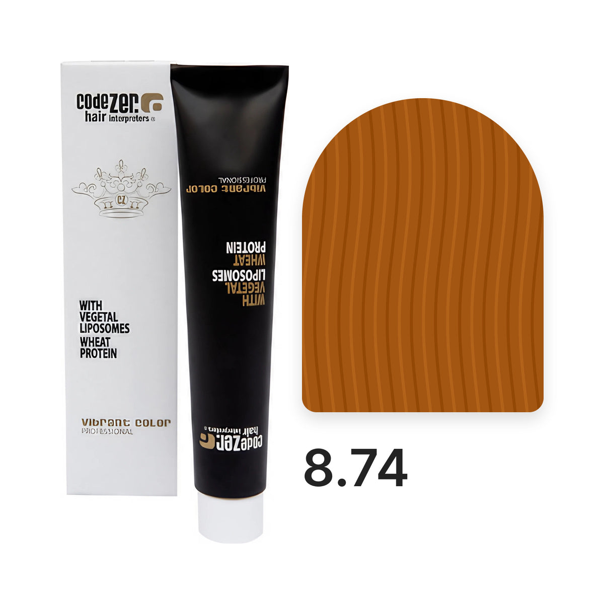 Vibrant Color 8.74 Copper Tobacco Light Blond : tube et étui avec la couleur du nuancier officiel, couleur indicative