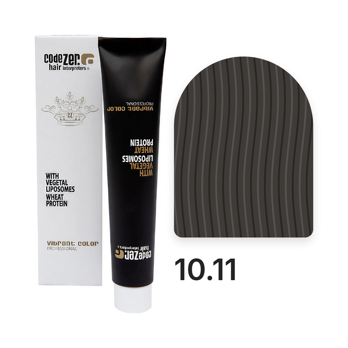 Vibrant Color 10.11 Intense Ash Ultra Light Blond: tube and box with the hair colour from the official colour chart, indicative colour