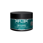 A container of Xflex Coolstyle Hair Gel with a green label, black lid, and white/green text indicating it is extra strong holding gel with natural oils.