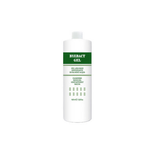 A one-liter bottle of Byebact Gel hand sanitizing solution with a white label and green accents.