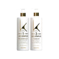 Two bottles of Edelstein hair care products, one labeled as 'Liss Komplex 1' and the other as 'Liss Komplex 3', suggesting a before and after treatment set for hair care.
