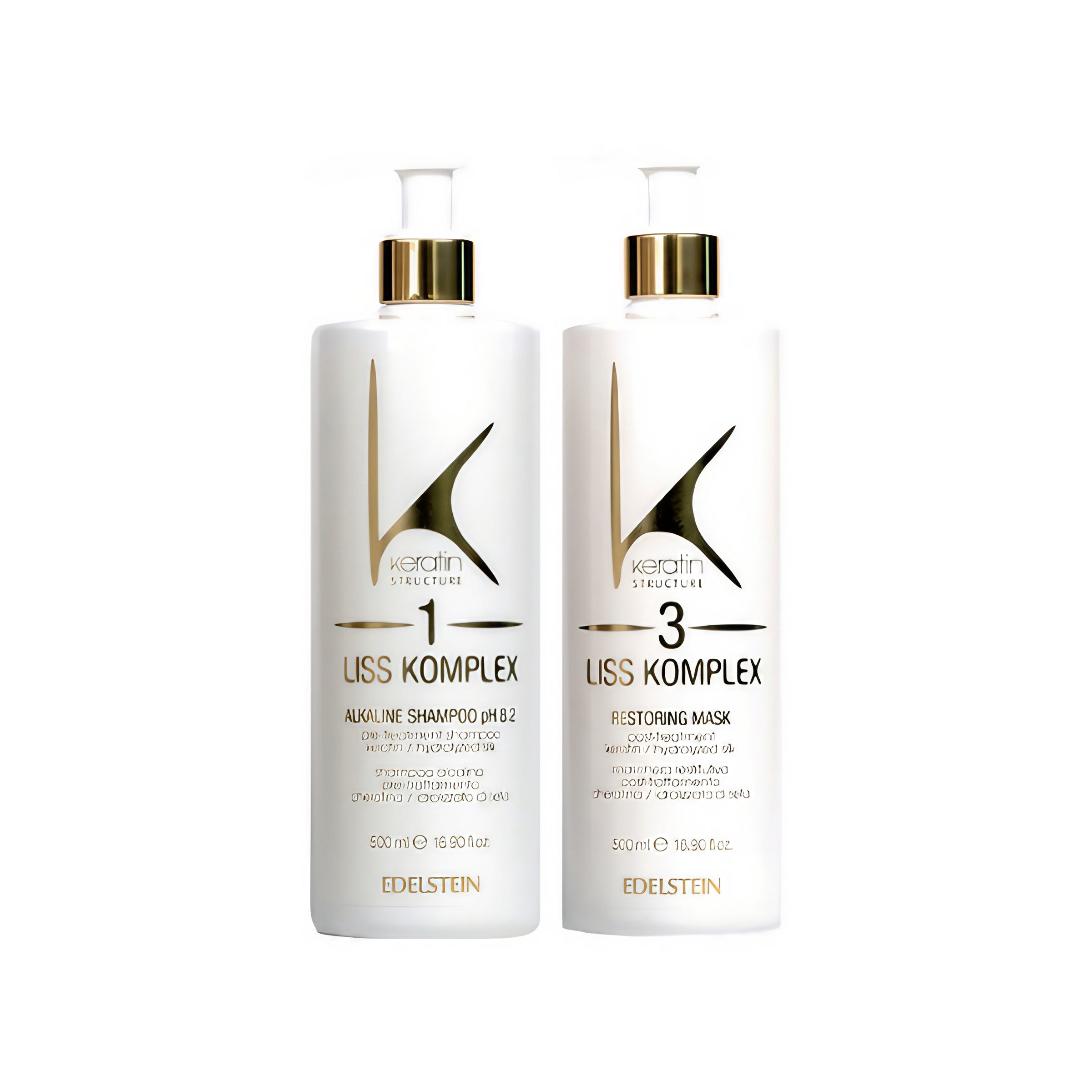 Two bottles of Edelstein hair care products, one labeled as 'Liss Komplex 1' and the other as 'Liss Komplex 3', suggesting a before and after treatment set for hair care.