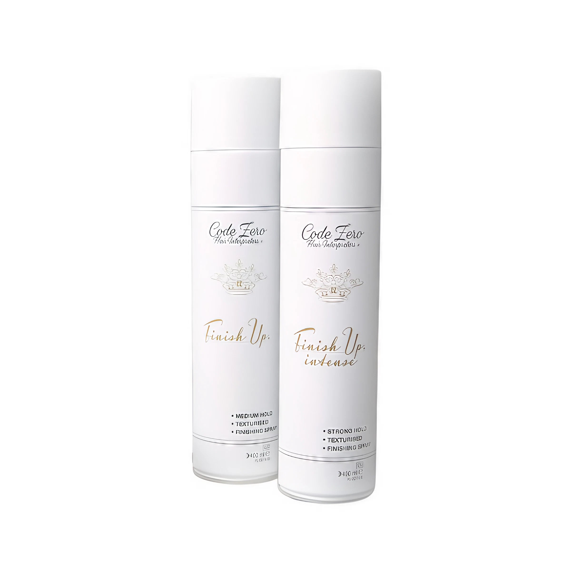 Two cans of hair spray labeled 'Finish Up' and 'Finish Up Intense', designed for hair styling.