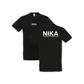 Schwarzes T-Shirt mit weißem NIKA Logo und Aufschrift 'Hair Beauty Excellence', Vorder- und Rückansicht