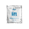 A silver package of nika extreme lift bleaching powder for hair with a transparent window showing the white powder inside.