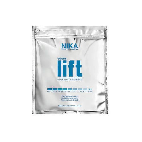 A silver package of nika extreme lift bleaching powder for hair with a transparent window showing the white powder inside.