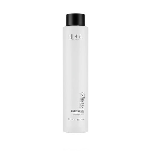 Weiße NIKA Hair Silk Enhancer Flasche mit schwarzem Deckel auf weißem Hintergrund